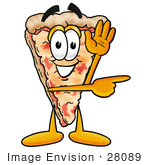 #28089 Clip Art Graphic of a Cheese Pizza Slice Cartoon Character Waving and Pointing to the Right by toons4biz