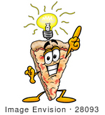 #28093 Clip Art Graphic Of A Cheese Pizza Slice Cartoon Character With A Lightbulb Over His Head