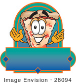 #28094 Clip Art Graphic Of A Cheese Pizza Slice Cartoon Character On A Blank Label