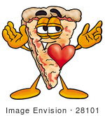 #28101 Clip Art Graphic of a Cheese Pizza Slice Cartoon Character With His Heart Beating Out of His Chest by toons4biz