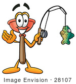 #28107 Clip Art Graphic Of A Plumbing Toilet Or Sink Plunger Cartoon Character Holding A Fish On A Fishing Pole