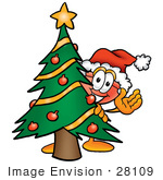 #28109 Clip Art Graphic Of A Plumbing Toilet Or Sink Plunger Cartoon Character Waving And Standing By A Decorated Christmas Tree