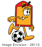 #28112 Clip Art Graphic Of A Red And Yellow Sales Price Tag Cartoon Character Kicking A Soccer Ball