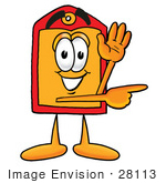 #28113 Clip Art Graphic Of A Red And Yellow Sales Price Tag Cartoon Character Waving And Pointing To The Right