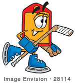 #28114 Clip Art Graphic Of A Red And Yellow Sales Price Tag Cartoon Character Playing Ice Hockey