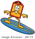 #28115 Clip Art Graphic Of A Red And Yellow Sales Price Tag Cartoon Character Surfing On A Blue And Yellow Surfboard