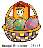 #28118 Clip Art Graphic Of A Red And Yellow Sales Price Tag Cartoon Character In An Easter Basket Full Of Decorated Easter Eggs
