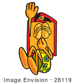 #28119 Clip Art Graphic Of A Red And Yellow Sales Price Tag Cartoon Character Plugging His Nose While Jumping Into Water