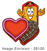 #28120 Clip Art Graphic Of A Red And Yellow Sales Price Tag Cartoon Character With An Open Box Of Valentines Day Chocolate Candies