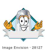 #28127 Clip Art Graphic Of A Salt Shaker Cartoon Character Over A Blank White Banner With A Blue Diamond On A Label Logo