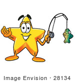 #28134 Clip Art Graphic Of A Yellow Star Cartoon Character Holding A Fish On A Fishing Pole While Fishing