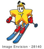 #28140 Clip Art Graphic Of A Yellow Star Cartoon Character Skiing Downhill