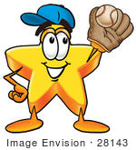 #28143 Clip Art Graphic Of A Yellow Star Cartoon Character Catching A Baseball With A Glove
