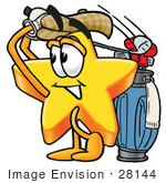 #28144 Clip Art Graphic Of A Yellow Star Cartoon Character Swinging His Golf Club While Golfing