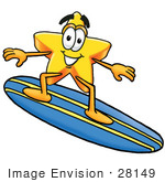 #28149 Clip Art Graphic Of A Yellow Star Cartoon Character Surfing On A Blue And Yellow Surfboard