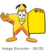 #28152 Clip Art Graphic Of A Yellow Star Cartoon Character Holding A Blank Yellow Sales Price Tag