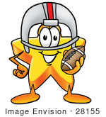 #28155 Clip Art Graphic Of A Yellow Star Cartoon Character In A Helmet Holding A Football