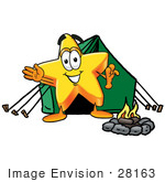 #28163 Clip Art Graphic Of A Yellow Star Cartoon Character Camping With A Tent And Fire