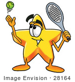 #28164 Clip Art Graphic Of A Yellow Star Cartoon Character Preparing To Hit A Tennis Ball