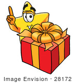#28172 Clip Art Graphic Of A Yellow Star Cartoon Character Standing By A Christmas Present