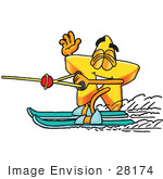 #28174 Clip Art Graphic Of A Yellow Star Cartoon Character Waving While Speeding Past On Waterskis
