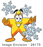 #28175 Clip Art Graphic Of A Yellow Star Cartoon Character With Three Snowflakes In Winter