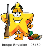 #28180 Clip Art Graphic Of A Yellow Star Cartoon Character Duck Hunting Standing With A Rifle And Duck