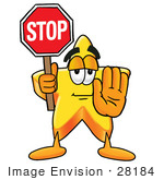 #28184 Clip Art Graphic Of A Yellow Star Cartoon Character Holding A Stop Sign