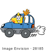 #28185 Clip Art Graphic Of A Yellow Star Cartoon Character Driving A Blue Car And Waving