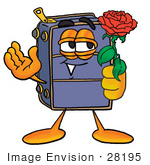 #28195 Clip Art Graphic Of A Suitcase Luggage Cartoon Character Holding A Red Rose On Valentines Day