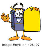 #28197 Clip Art Graphic Of A Suitcase Luggage Cartoon Character Holding A Yellow Sales Price Tag