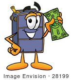 #28199 Clip Art Graphic Of A Suitcase Luggage Cartoon Character Holding A Dollar Bill