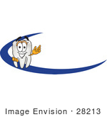 #28213 Clip Art Graphic Of A Human Molar Tooth Character Waving And Standing Behind A Blue Dash On An Employee Nametag Or Business Logo