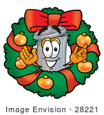 #28221 Clip Art Graphic Of A Metal Trash Can Cartoon Character In The Center Of A Christmas Wreath