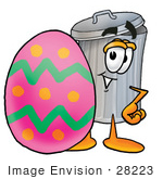 #28223 Clip Art Graphic Of A Metal Trash Can Cartoon Character Standing Beside An Easter Egg