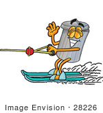 #28226 Clip Art Graphic Of A Metal Trash Can Cartoon Character Waving While Water Skiing