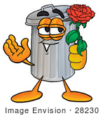 #28230 Clip Art Graphic Of A Metal Trash Can Cartoon Character Holding A Red Rose On Valentines Day