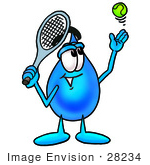 #28234 Clip Art Graphic Of A Blue Waterdrop Or Tear Character Preparing To Hit A Tennis Ball