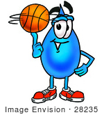#28235 Clip Art Graphic Of A Blue Waterdrop Or Tear Character Spinning A Basketball On His Finger
