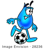 #28236 Clip Art Graphic Of A Blue Waterdrop Or Tear Character Kicking A Soccer Ball
