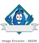 #28239 Clip Art Graphic Of A Blue Waterdrop Or Tear Character Over A Blank White Banner On A Label With A Diamond