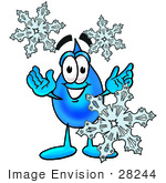 #28244 Clip Art Graphic Of A Blue Waterdrop Or Tear Character With Three Snowflakes In Winter