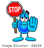 #28248 Clip Art Graphic Of A Blue Waterdrop Or Tear Character Holding A Stop Sign