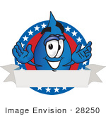 #28250 Clip Art Graphic Of A Blue Waterdrop Or Tear Character On An American Logo With A Blank Banner