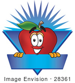 #28361 Clip Art Graphic Of A Red Apple Cartoon Character On A Blank Blue Label Logo