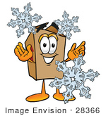 #28366 Clip Art Graphic Of A Cardboard Shipping Box Cartoon Character With Three Snowflakes In Winter