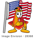 #28368 Clip Art Graphic Of A Construction Traffic Cone Cartoon Character Pledging Allegiance To An American Flag