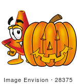 #28375 Clip Art Graphic Of A Construction Traffic Cone Cartoon Character With A Carved Halloween Pumpkin