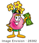 #28382 Clip Art Graphic Of A Pink Vase And Yellow Flowers Cartoon Character Holding A Dollar Bill