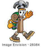 #28384 Clip Art Graphic Of A Hammer Tool Cartoon Character Hiking And Carrying A Backpack